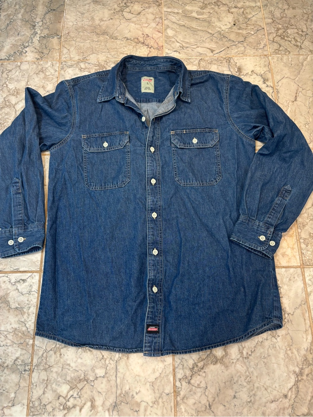 Dickies Denim Shirt Men's L Long Sleeve Button-Up Pockets Solid Blue Cotton